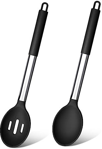 Joyfair 2 Pcs Cooking Spoon, Large Silicone Solid Basting Spoon Set, Non Stick Slotted Kitchen Utensils Set for Serving Mixing Stirring Baking, Heat-Resistant & Dishwasher Safe, Black