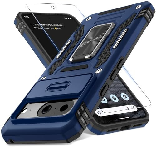 DEERLAMN Coque pour Google Pixel 8 avec Coque coulissante pour Appareil Photo + Protecteur d'écran (1 Paquet), Anneau Rotatif, béquille de qualité Militaire, résistant aux Chocs, Bleu Marine
