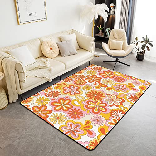 Retro Blumen 60er Jahre Groovy Wohnzimmer Teppiche Vintage 70er Jahre Muster Moderne Teppiche Groovy Hippie Muster Akzent Teppich Gelb gesteppte Indoor Bodenmatte Kinder Wohnzimmerteppich 100x150cm