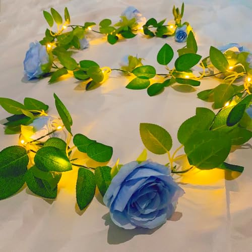 Fielegen 2 m Künstliche Rosen-Blumen-Lichterkette Blumengirlande mit 20 LED-Lichterketten, Seidenrose Kunstblumenlichter für Garten Tisch Hochzeit DIY-Dekoration