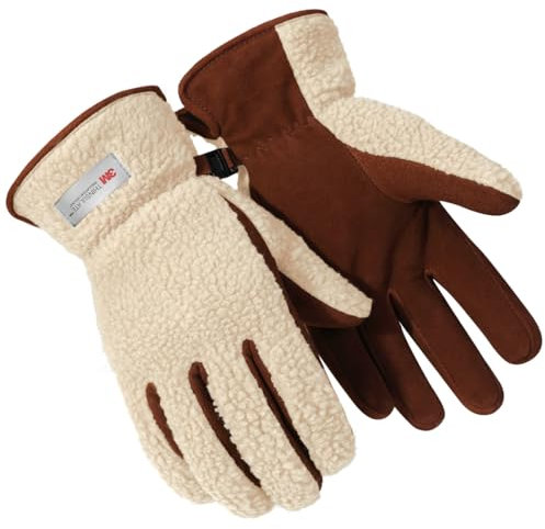 Harssidanzar Leder Winterhandschuhe Für Herren Schafsfell Wildleder Outdoor Schnee Ski Thermal Fleece und Thinsulate Gefüttert Weich SM041EU,Beige/Hellbraun,Größe S