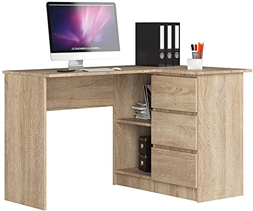 AKORD Eckschreibtisch B16 mit Regal 124 cm | 3 Schubladen Links | Schreibtisch | Ecktisch | Eck Schreibtisch | für Home | für Office | B124 x H77 x T85 cm | Gewicht 41,40 kg | Sonoma Eiche