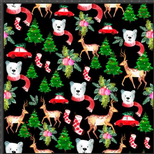 TEXTREND Meterware Jersey - Stoff zum Nähen - 100% Baumwolle - Textilien 1x1.60m - Einfarbiger Stoff - Verschiedene Farben (Weihnachts-Teddybären mit Sarnies auf schwarzem Hintergrund)