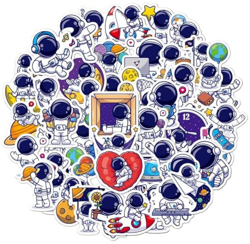 50 Pcs Cute Cartoon Waterproof Space Astronaut Stickers Decals for Laptop Water Bottle Cup Bike Luggage Computer Phone Vinyl Stickers Decals Pack