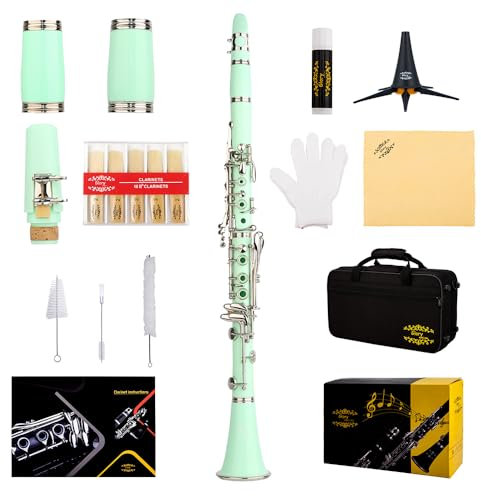 Glory GLY-CLAGN Professionelle Ebonit-Bb-Klarinette mit 10 Blättern, Ständer, Hartschalenkoffer, Reinigungstuch, Mundstückbürste und Padbürste, Grün