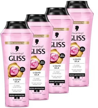 Gliss Kur Gliss Shampoo Liquid Silk (4x 250 ml) Haarshampoo mit Ceramiden & Seide, Glanz-Shampoo für sprödes und stumpfes Haar glättet die Haaroberfläche
