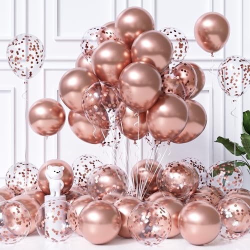 Balloon Dance Rose Gold Metallic Chrome Balloons, 50Pcs 12Inch With Confetti for Birthday, Graduation, Anniversary, Wedding, Party, Carnival Celebration Decorations