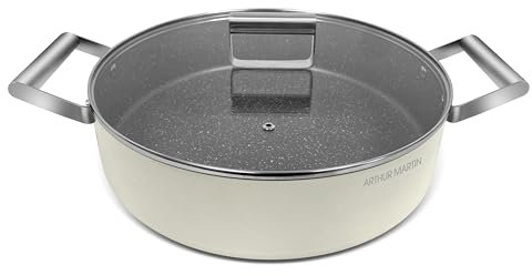 ARTHUR MARTIN, Faitout bas 32 cm Grand Chef, Aluminium forgé, revêtement anti adhérent, poignées et anses en acier rivet et couvercles en verre, Tous feux dont induction, Crème