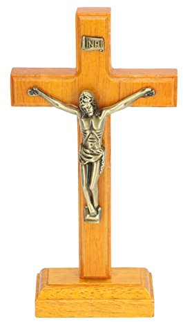 POTRUWE Crucifix en Bois fabriqué à la Main, Croix Murale de Jésus Catholique sur Pied, Décoration de Prière Religieuse avec Base de Table en Métal, Croix de Jésus Catholique