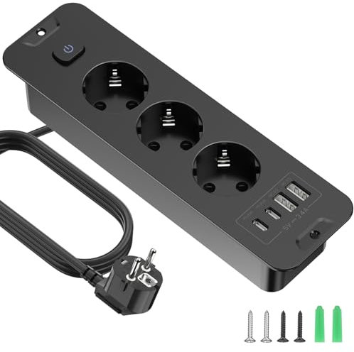 Toma de Corriente múltiple con USB, Toma de Corriente múltiple de 3 Compartimentos con 2USB y 2 conexión Tipo-C, Adaptador de Toma de Corriente de 7 n 1 con Cable de extensión de 2M 250V/16A, Toma de