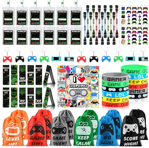 124 Stück Videospiel Party Mitgebsel, Mitgebsel Kindergeburtstag Spiel Partyzubehör mit VIP Pass Fahrkarte, Silikon Armbänder, Schlüsselbund und Temporäre Tattoos, Videospiel Geschenk für Junge Gamer