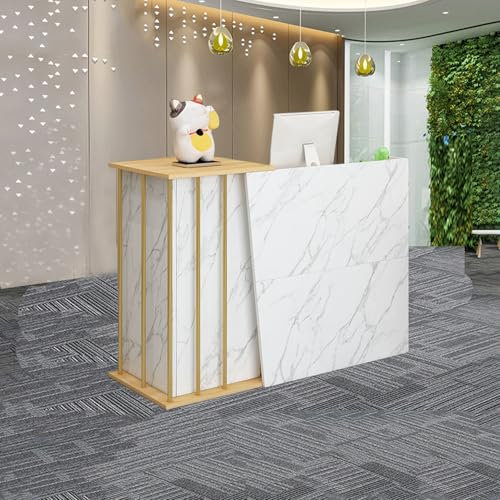 Empfangstheke Salon Kosmetikstudio 120cm Weiss Gold, Empfangstheke Rezeption Friseur, Modern Einfach Reception Stations mit AbschließBaren Schubladen Hohe KapazitäT Verkaufstheke Ladentheke Tresen