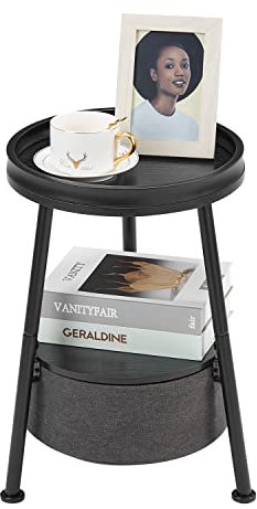 ZEXVIDA Kleiner runder Beistelltisch mit Aufbewahrungstasche, 2-stufiger Beistelltisch mit Aufbewahrungskorb, runder Nachttisch für drinnen/draußen (Schwarz)