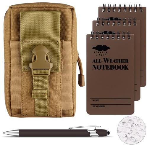 HAOWANWW 5 Pcs Waterproof Notepad Pen Set Waterproof Notebook Mini Spiral Notebook All Weather Stone Paper Notebook Brown Cover Pocket Notepad Tactical Steno Pads with Grid for Outdoor Activity Record