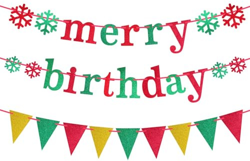 TELAIN Merry Birthday Banner Weihnachten | Rot Grün Glitzer Geburtstagsbanner für Party Dekorationen | Weihnachtsdeko für Zuhause und Feiertage