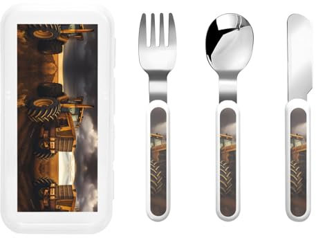 Tracteur dans le champ Ensemble de couverts pour enfants, couteau, fourchette et cuillère 3 pièces, ensemble de protection de couverts pour enfants, couverts réutilisables portables d'extérieur.