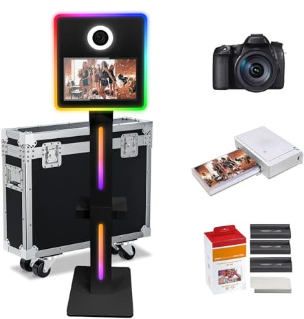 DSLR Photo Booth Machine 15.6 Zoll Selfie Portable Touchscreen Kamera Photobooth mit Flight Case,White Photo Booth mit RGB Licht für Hochzeit Party Events (Black, 15.6 Inch+Camera+Mini Printer)