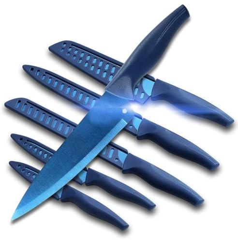 LNGOOR 6Pcs Kitchen Knife Set, Professional Kitchen Knives Set, Sharp Kitchen Knife Set Stainless Steel with Sheath Dishwasher Safe Blue