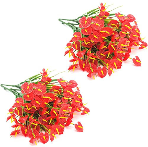 Kznifmk 8 Bouquets de Faux Fleurs Artificielles Plantes Faux Anthurium Plantes Arbustes en Plastique Buissons Interieur Exterieur Jardiniere A Suspendre Decorations pour