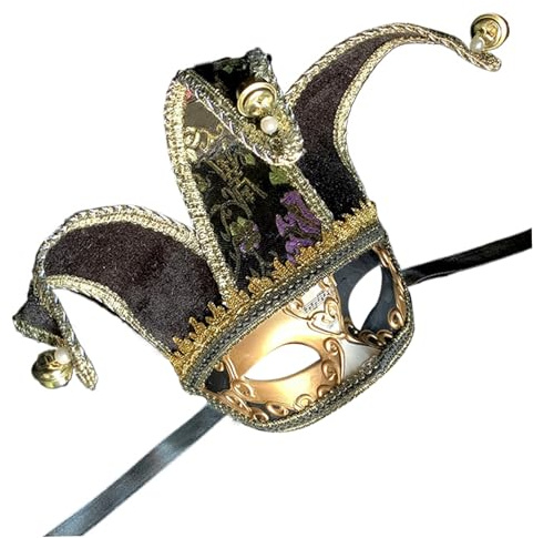Ligeinsrk Jester-mask för män kvinnor utsökt venetiansk halvansikte maskerad med huvudrem 19 x 34 cm halloweenfest, cosplay, scen, svart
