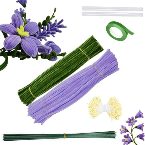 Barlone 200 Stück Lilie Pfeifenreiniger Blumen, DIY Pipe Cleaner, 2 Farben Pfeifenputzer Zum Basteln, mit 13 Stück Grün Basteldraht, Klebeband, Pfeifenreiniger Blumen Staubblatt, Klebestifte(Lila)