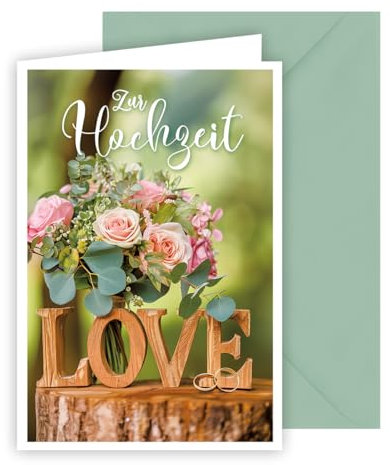 KE - Naturverbundende Glückwunschkarte zur Hochzeit, DIN B6, Frühlingshafte Druckkarte aus Karton inkl. Umschlag, Motiv: Holzstamm und Blumenstrauss aus Rosen und Eukalyptus