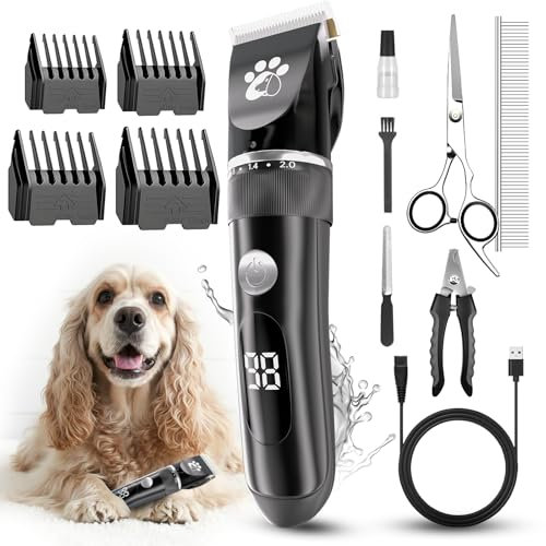 Hundeschermaschine, Hundepflegeset, 2-Gang-Geräuscharmes IPX5-wasserdichtes LED-Display, professioneller kabelloser Tierhaarschneider, geeignet für kleine mittelgroße Hunde und Katzen