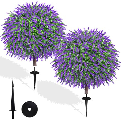 27.5 Artificial Lavender Boxwood Topiary Ball Trees, Set of 2 Fake Shrubs Bushes with Ground Spike, UV Resistant Faux Evergreen Tree for Front Porch Outdoor Garden Decor