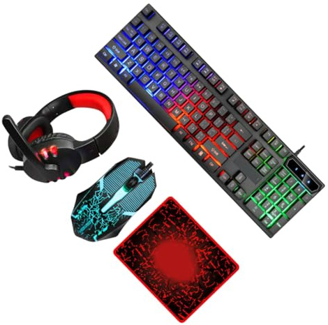 KICHOUSE Gaming Keyboard Mouse Headphone Combo Wired Led Backlit Ergonomic Usb Computer Keyboard and Optical Mouse Set for Office and Gaming Use