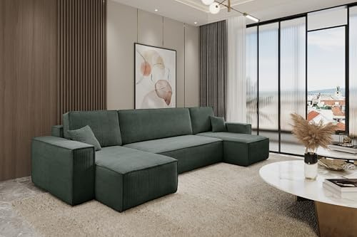 Best For Home – Ecksofa Karl mit Schlaffunktion | L-Form Sofa mit Bettkasten | 3-Sitzer Schlafsofa & Gästebett | Bequemes Wohnzimmermöbel | Modernes, U-förmiges Couch-Design in Grun