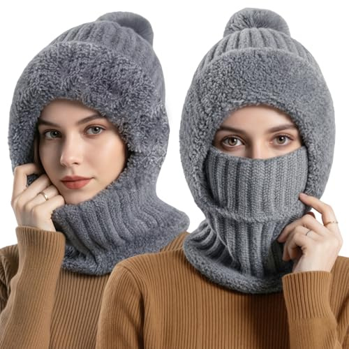 3 in 1 Mütze Damen mit Schal, Maske, Schalmütze Damen, Mützenschal Winter | Balaclava Damen, Multifunktional Schal Fleecegefüttert Winddicht Strickmütze, Thermo Kapuzenschal, Winter Mütze Damen