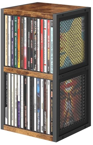 ELITEROO CD Holder Desk Rack Organizer, Wooden CD Storage Stand Holds up to 30 Cd Cases, 2 Tier CD Tower with Mesh Sides, Retro Small CD Display Shelf for Theatre Room, Home Collectibles, Rustic Brown