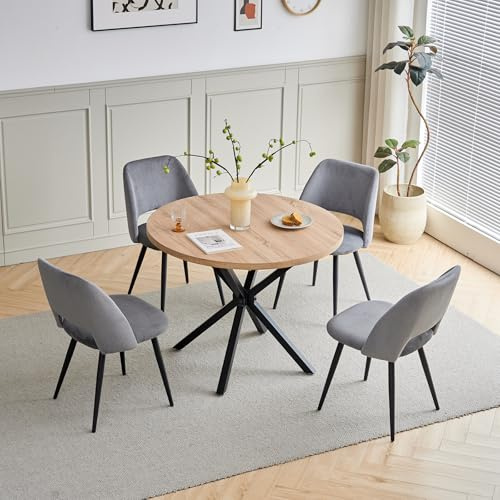 DEYARNA HOME Esstischgruppe mit 4 Stühlen, 100cm Runder Tisch mit 4 Gepolsterte Samt-Esszimmerstühle, Mittelcentury Modern Design für Küche, Wohnzimmer, Restaurants (Helle Holzmaserung+Grau)