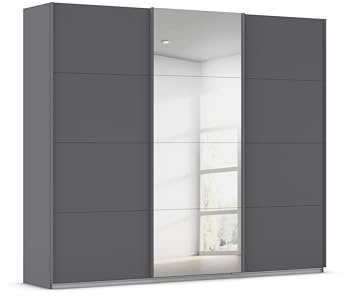Rauch Möbel KULMBACH, Schwebetürenschrank, Grau metallic, Breite 271 cm | Kleiderschrank mit Schwebetüren, Schiebetüren, 3-türig, mit Spiegel, Zubehör Basic, Schlafzimmer, Jugendzimmer, Garderobe