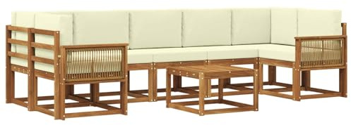 vidaXL Outdoor-Sofagarnitur mit Kissen 8 pcs Natur und Creme Polyester, Moderner Outdoor-Sofa-Set, Flexible Sitzgelegenheiten, Akazienholz, Lounge für Terrasse, modulares Gartenmöbel