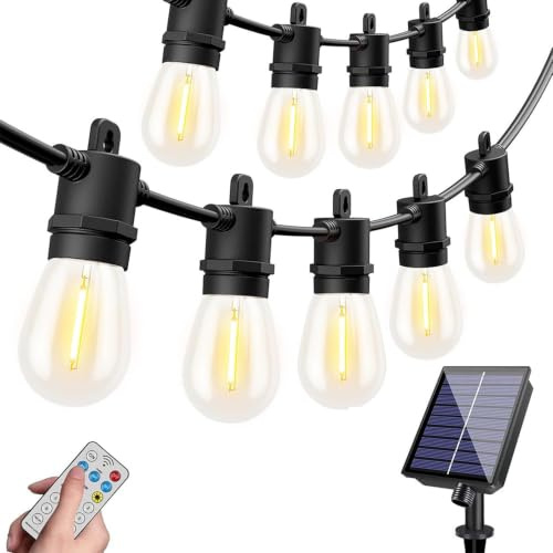 SUAVER Guirnalda de luces solares para exteriores S14 de 5 m, 10 bombillas LED Edison inastillables con control remoto, regulable, temporizador y puerto USB, iluminación colgante impermeable para