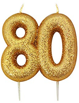 Anniversary House Metallic Gold Glitter Candle, Number 80/80th Birthday Cake Topper, 7 Centimeters, AHC210