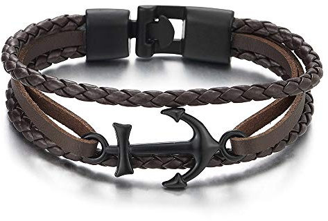iMECTALII Schwarz Marine Rad Anker Braune Geflochtene Leder DREI Reihen Lederarmband für Herren Damen