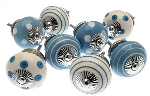Mango Tree Mixed Set of 8 x Blue and White Spots and Stripes Ceramic Door Cupboard Drawer Knobs/Door knobs/Drawer knobs