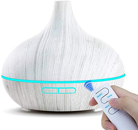 dongzhifeng Umidificatore Elettrico Umidificatore Aroma Olio Diffusore Grain Legno Bianco Telecomando 7 Colori Luci LED per La Casa