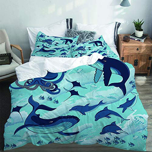 SUHETI Bettwäsche-Set, Mikrofaser,Fische und Meerestiere, Meereswellen, Delfine, Haie, Wale und Tintenfische,1 Bettbezug 135 X 200cm + 2 Kopfkissenbezug 80 X 80cm