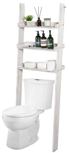 MyGift 5.5 Foot Tall Shabby White Washed Solid Wood Over The Toilet Decorative Ladder Standing Shelf, 3 Tier Bathroom Organizer Leaning Storage Shelves Rack Stand