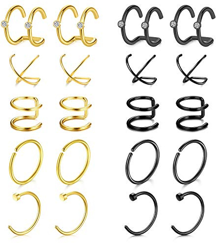 Mayhoop 20Pièces Ear Cuffs Faux Piercing Oreille Mancheete d'oreille Acier Chirurgical Non Piercing Boucle d'oreille Non-Percé Faux Piercing Nez Lèvre Helix Or Noir