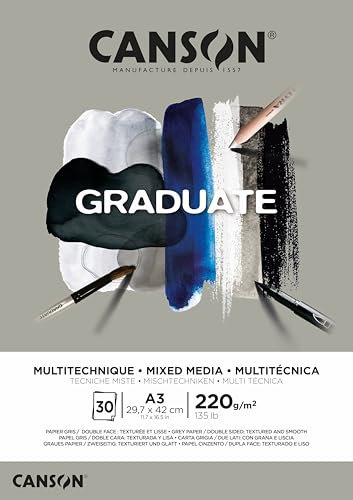 Canson Graduate - C400110372 Mix Media Papier Block, DIN A3, 30 Blatt, 220 g/m², Grau