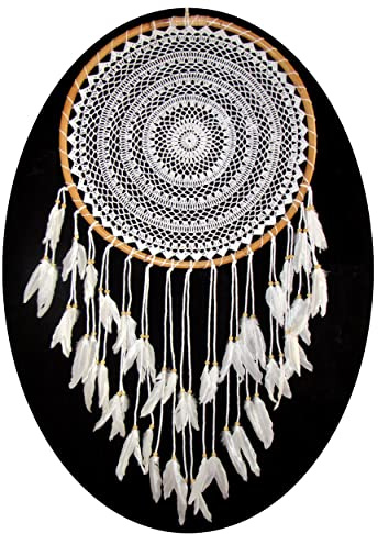Großer Traumfänger Dreamcatcher gehäkelt weiss Ø ca 50 cm mit Bambusrahmen Fensterdeko Wanddeko Raumschmuck Raumdeko Dekoaccessoire Mobilee-Aufhänger