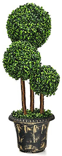 COSTWAY Albero Artificiale Topiario 90 cm, Pianta Finta con Foglie Realistiche e Vaso Decorativo, Albero a Tripla Sfera per Casa Ufficio Giardino Cortile Ingresso