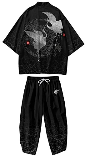DOSLAVIDA Herren Japanische Kimono Jacke Set Stilvolle Offene Vorderseite Mantel Mit Shorts Chinesischen Stil Gedruckt Cardigan Anzüge, Hose-Schwarz 2, Medium