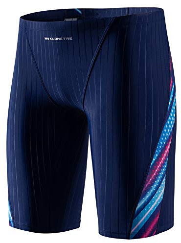 MY KILOMETRE Jammer Swimsuit Mens Solid Swim Jammers Endurance Long Racing Training Swimsuit Blue-neon M