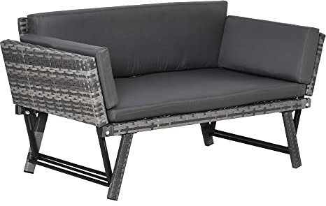Outsunny Sofá de Ratán de 2 Plazas Convertible en Cama Individual 129x63x67 cm con Reposabrazos Abatibles y Cojines Acolchados Sofá Doble para Jardín Patio Terraza Gris