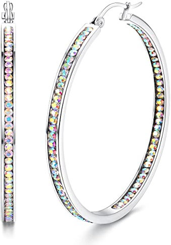 Dimaday Große Creolen Edelstahl für Frauen - Multicolor Strass Huggie Ohrringe Schmuck-Set 35MM/40MM/50MM